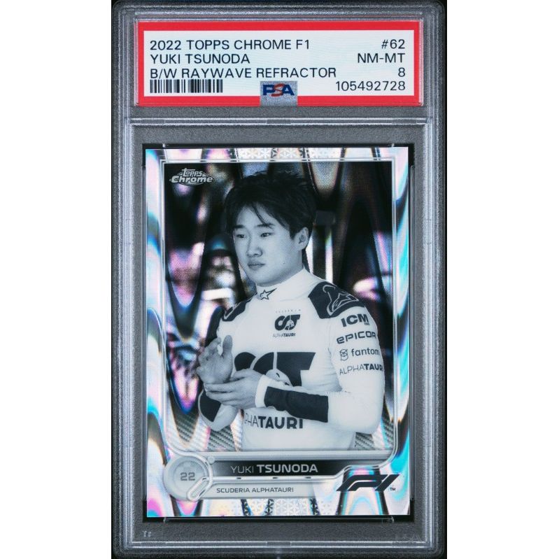 2022 Topps Chrome Formula 1 #62 Yuki Tsunoda B/W Raywave Refractor PSA 8: graded slab, front view