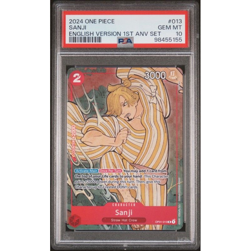 2024 One Piece English Version 1st Anniversary Set #013 Sanji PSA 10: graded slab, front view