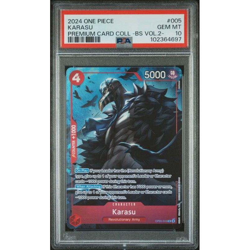 2024 One Piece Premium Card Collection -Best Selection Vol.2- #005 Karasu PSA 10: graded slab, front view
