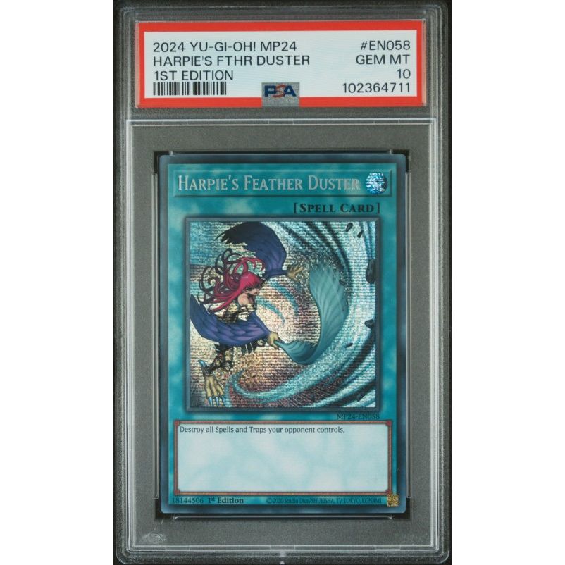 2024 Yu-Gi-Oh! Mp24-25th Anniversary Tin: Dueling Mirrors #EN058 Harpie's Feather Duster 1st Edition PSA 10: graded slab, front view