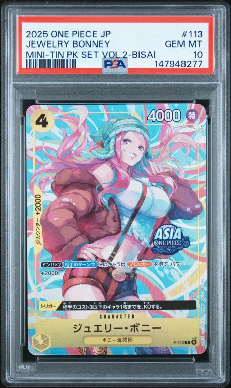 2025 One Piece Japanese Mini-Tin Pack Set Vol.2 #113 Jewelry Bonney Mini-Tin Pk Set Vol.2-Bisai PSA 10: graded slab, front view