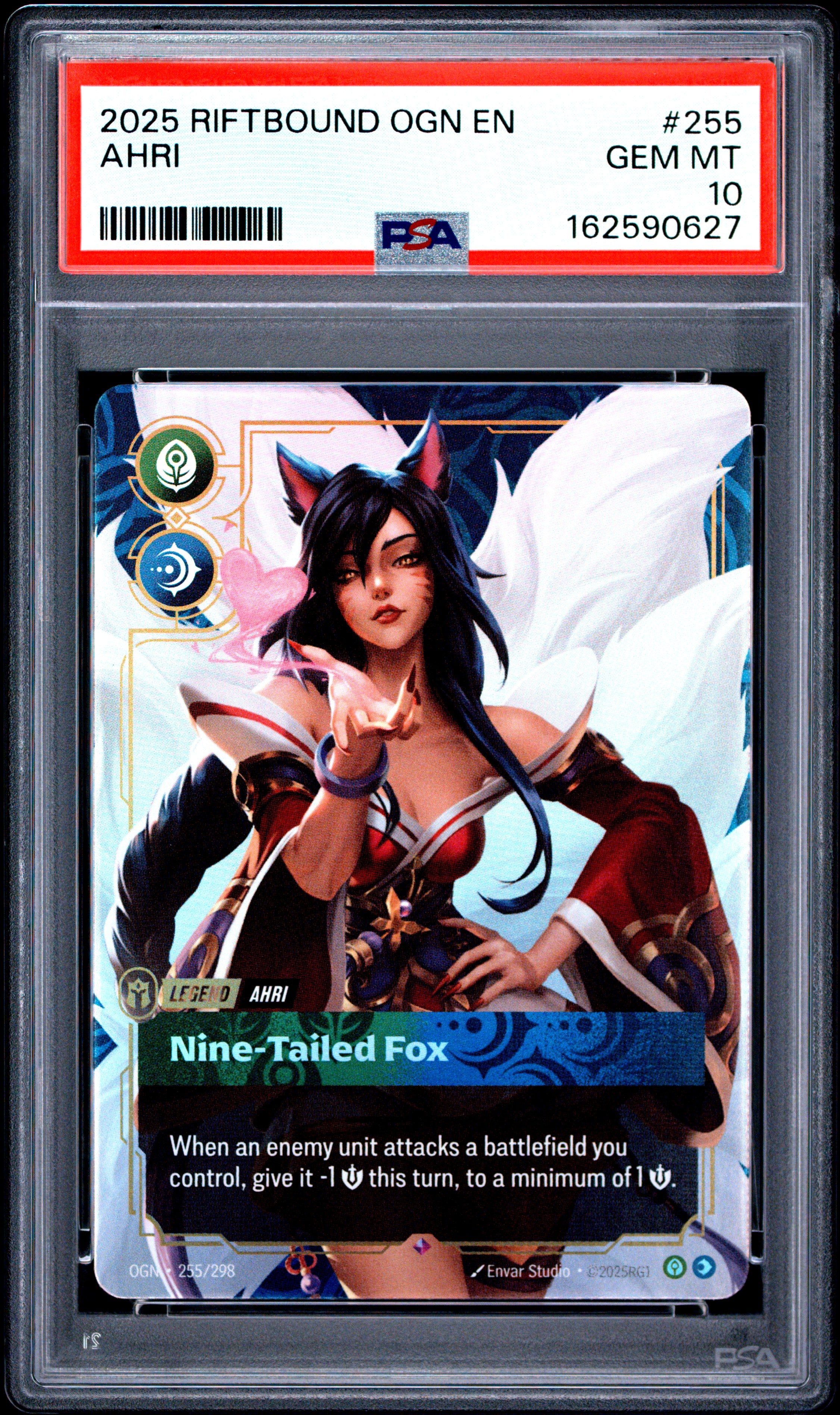 2025 RIFTBOUND: LEAGUE OF LEGENDS OGN-ORIGINS #255 AHRI: graded slab, front view