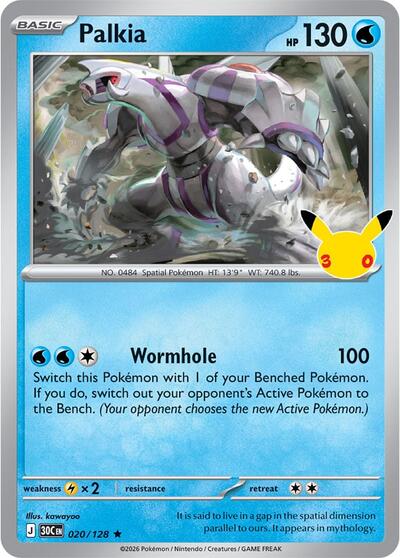 Pokémon card: Palkia 020/128 from 30th Celebration (M6a) (Rare), Water type, front of card