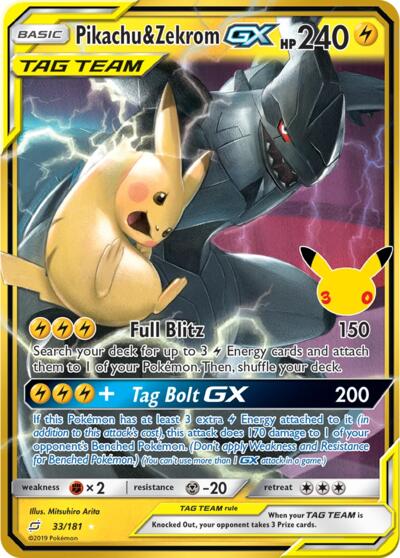 Pokémon card: Pikachu & Zekrom GX Classic Collection 033/181 from 30th Celebration, front of card