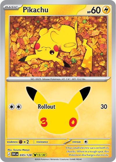 Pokémon card: Pikachu 035/128 from 30th Celebration (M6a) (Pikachu Rare), Lightning type, front of card