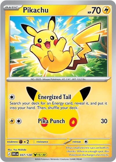 Pokémon card: Pikachu 037/128 from 30th Celebration (M6a) (Pikachu Rare), Lightning type, front of card