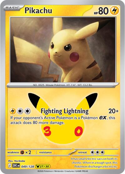 Pokémon card: Pikachu 049/128, Pikachu Rare, 30th Celebration (M6a)