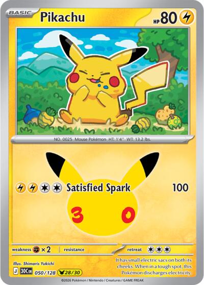 Pokémon card: Pikachu 050/128, Pikachu Rare, 30th Celebration (M6a)
