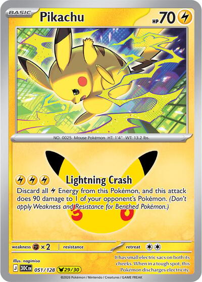 Pokémon card: Pikachu 051/128, Pikachu Rare, 30th Celebration (M6a)