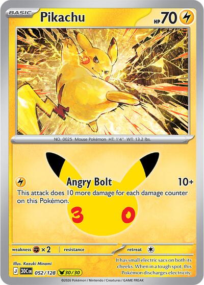 Pokémon card: Pikachu 052/128, Pikachu Rare, 30th Celebration (M6a)