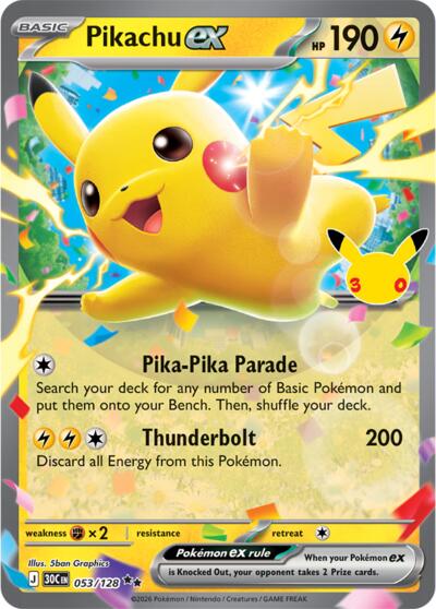 Pokémon card: Pikachu ex 053/128, Double Rare, 30th Celebration (M6a)