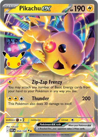 Pokémon card: Pikachu ex 054/128, Double Rare, 30th Celebration (M6a)