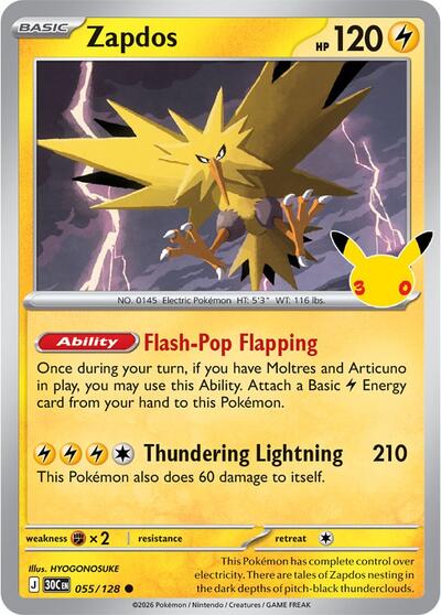 Pokémon card: Zapdos 055/128, Common, 30th Celebration (M6a)