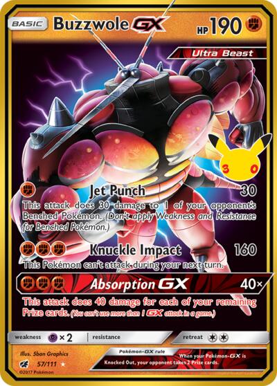 Pokémon card: Buzzwole GX Classic Collection 057/111 from 30th Celebration, front of card
