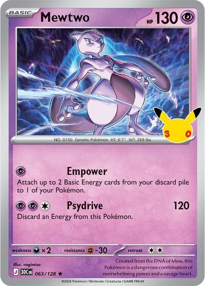 Pokémon card: Mewtwo 063/128, Rare, 30th Celebration (M6a)