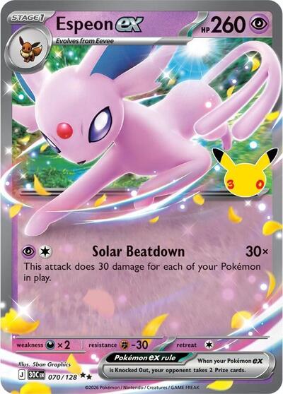 Pokémon card: Espeon ex 070/128, Double Rare, 30th Celebration (M6a)