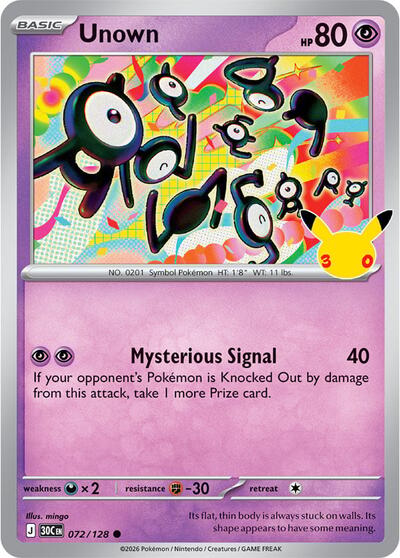 Pokémon card: Unown 072/128, Common, 30th Celebration (M6a)