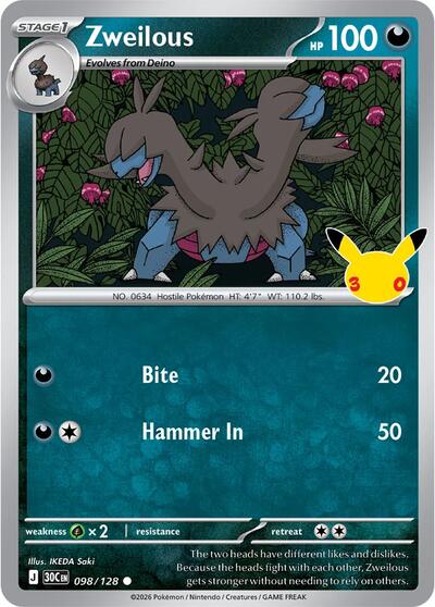 Pokémon card: Zweilous 098/128, Common, 30th Celebration (M6a)