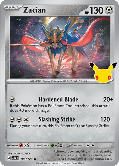 Pokémon card: Zacian 106/128, Rare, 30th Celebration (M6a)