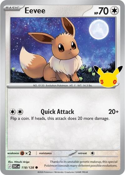 Pokémon card: Eevee 118/128 from 30th Celebration (M6a) (Common), Colorless type, front of card