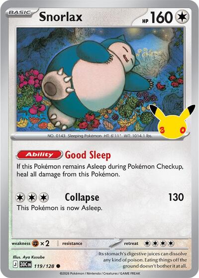 Pokémon card: Snorlax 119/128, Common, 30th Celebration (M6a)