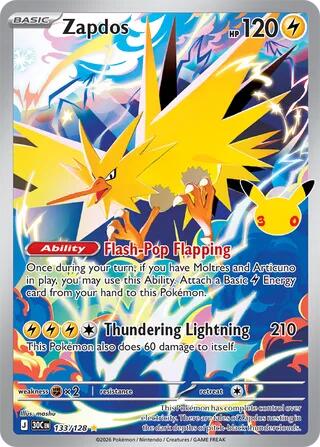 Pokémon card: Zapdos 133/128, Illustration Rare, 30th Celebration (M6a)