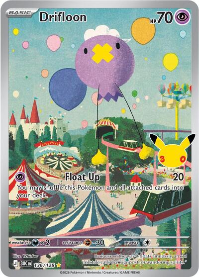 Pokémon card: Drifloon 136/128 from 30th Celebration (M6a) (Illustration Rare), Psychic type, front of card