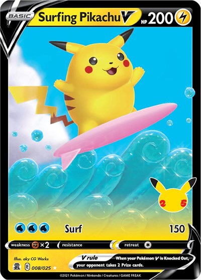 Pokémon card: Surfing Pikachu V 008/025 from Celebrations (Ultra Rare), Lightning type, front of card