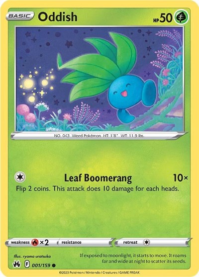 Pokémon card: Oddish 001/159 from Crown Zenith (Common), Grass type, front of card