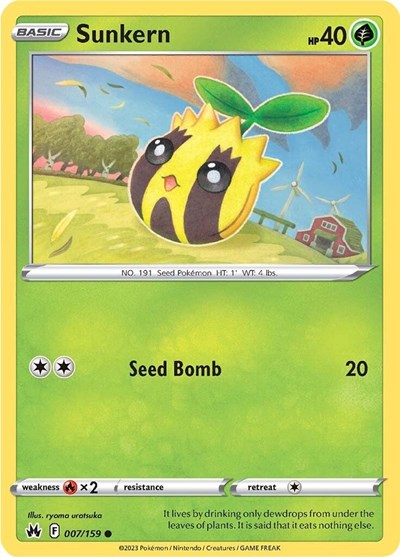 Pokémon card: Sunkern 007/159 from Crown Zenith (Common), Grass type, front of card