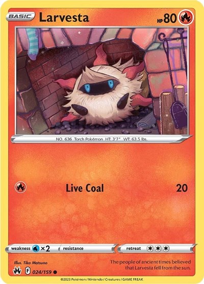Pokémon card: Larvesta 024/159 from Crown Zenith (Common), Fire type, front of card
