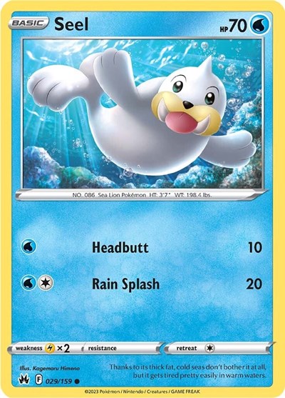 Pokémon card: Seel 029/159 from Crown Zenith (Common), Water type, front of card