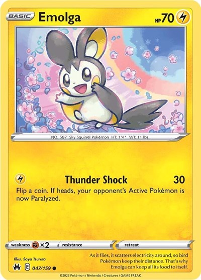 Pokémon card: Emolga 047/159 from Crown Zenith (Common), Lightning type, front of card