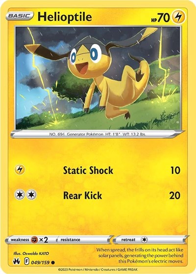 Pokémon card: Helioptile 049/159 from Crown Zenith (Common), Lightning type, front of card