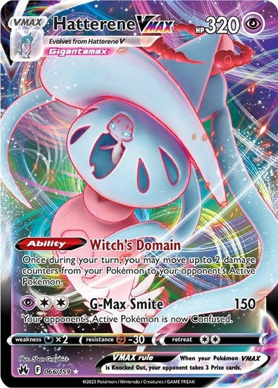 Pokémon card: Hatterene VMAX 066/159 from Crown Zenith (Ultra Rare), Psychic type, front of card