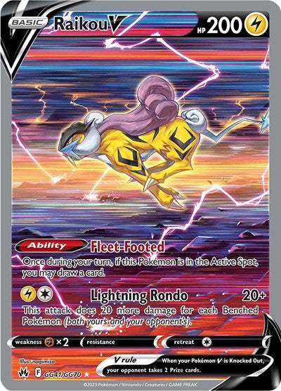 Pokémon card: Raikou V GG41/GG70 from Crown Zenith Galarian Gallery (Ultra Rare), Lightning type, front of card