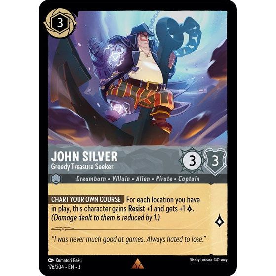 Lorcana card: John Silver - Greedy Treasure Seeker 176/204 from Into The Inklands (Rare), front of card