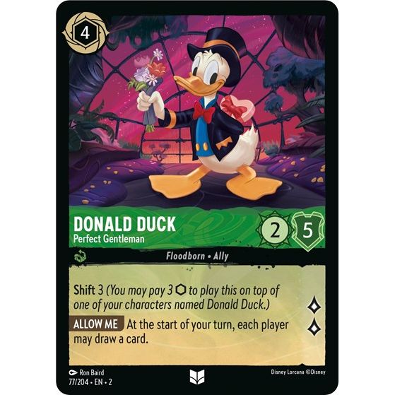 Lorcana card: Donald Duck - Perfect Gentleman 077/204 from Rise of the Floodborn (Uncommon), front of card