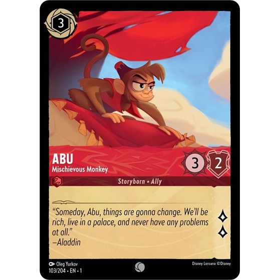 Lorcana card: Abu - Mischievous Monkey 103/204 from The First Chapter (Common), front of card