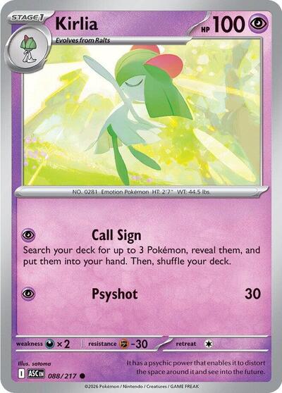 Pokémon card: Kirlia 088/217 from Ascended Heroes (Common), Psychic type, front of card