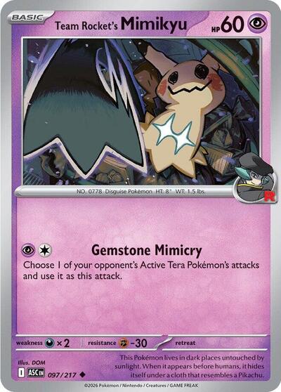Pokémon card: Team Rocket's Mimikyu 097/217 from Ascended Heroes (Uncommon), Psychic type, front of card