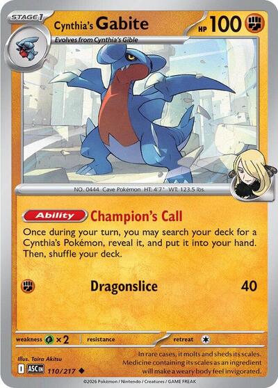 Pokémon card: Cynthia's Gabite 110/217 from Ascended Heroes (Uncommon), Fighting type, front of card