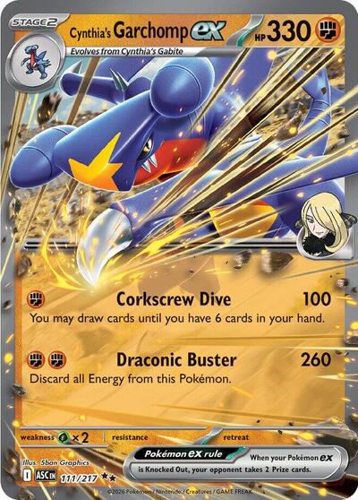 Pokémon card: Cynthia's Garchomp ex 111/217 from Ascended Heroes (Double Rare), Fighting type, front of card