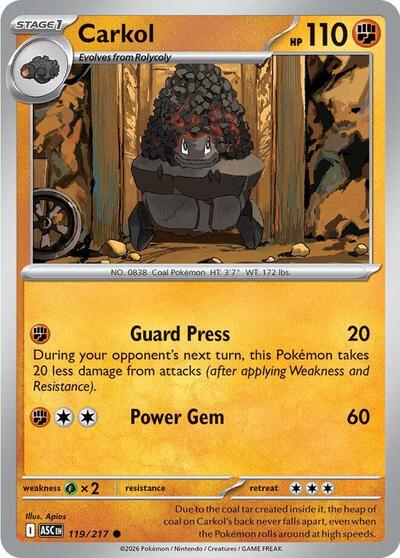 Pokémon card: Carkol 119/217 from Ascended Heroes (Common), Fighting type, front of card