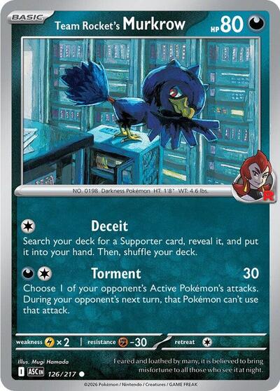 Pokémon card: Team Rocket's Murkrow 126/217 from Ascended Heroes (Common), Darkness type, front of card