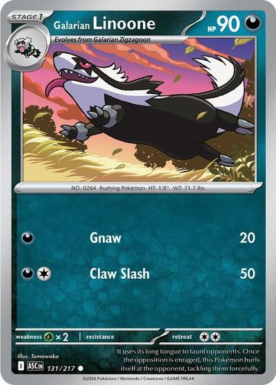 Pokémon card: Galarian Linoone 131/217 from Ascended Heroes (Common), Darkness type, front of card