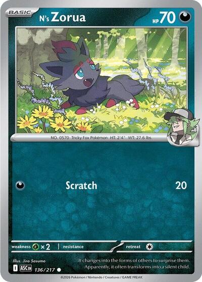 Pokémon card: N's Zorua 136/217 from Ascended Heroes (Common), Darkness type, front of card