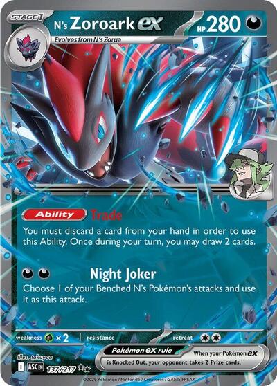 Pokémon card: N's Zoroark ex 137/217 from Ascended Heroes (Double Rare), Darkness type, front of card