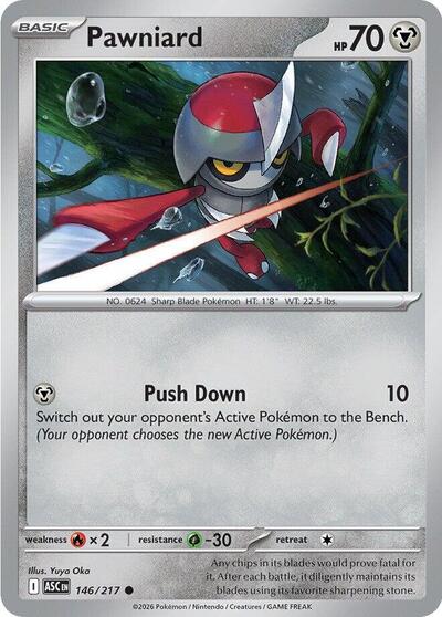 Pokémon card: Pawniard 146/217 from Ascended Heroes (Common), Metal type, front of card