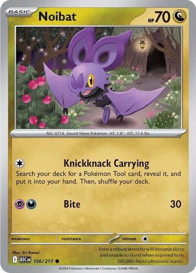 Pokémon card: Noibat 156/217 from Ascended Heroes (Common), Dragon type, front of card